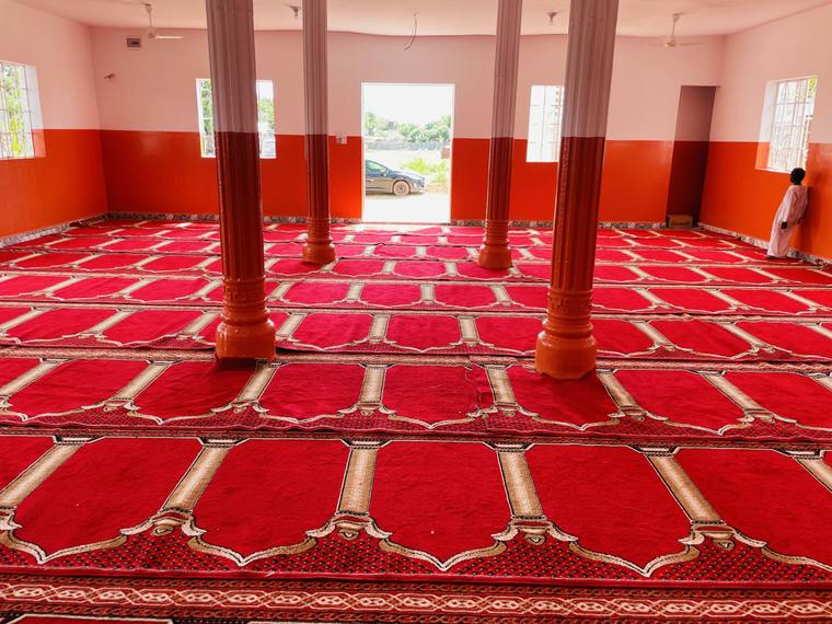 The carpeted prayer hall looking towards the open entrance doorway, its columns painted orange and white.